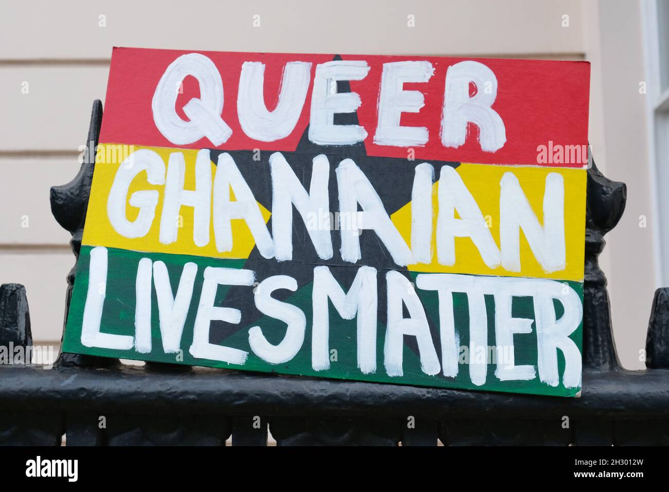 London, UK. A placard is placed outside the Ghanaian High Commission during a protest against the anti-gay law being debated in the African country. Stock Photo