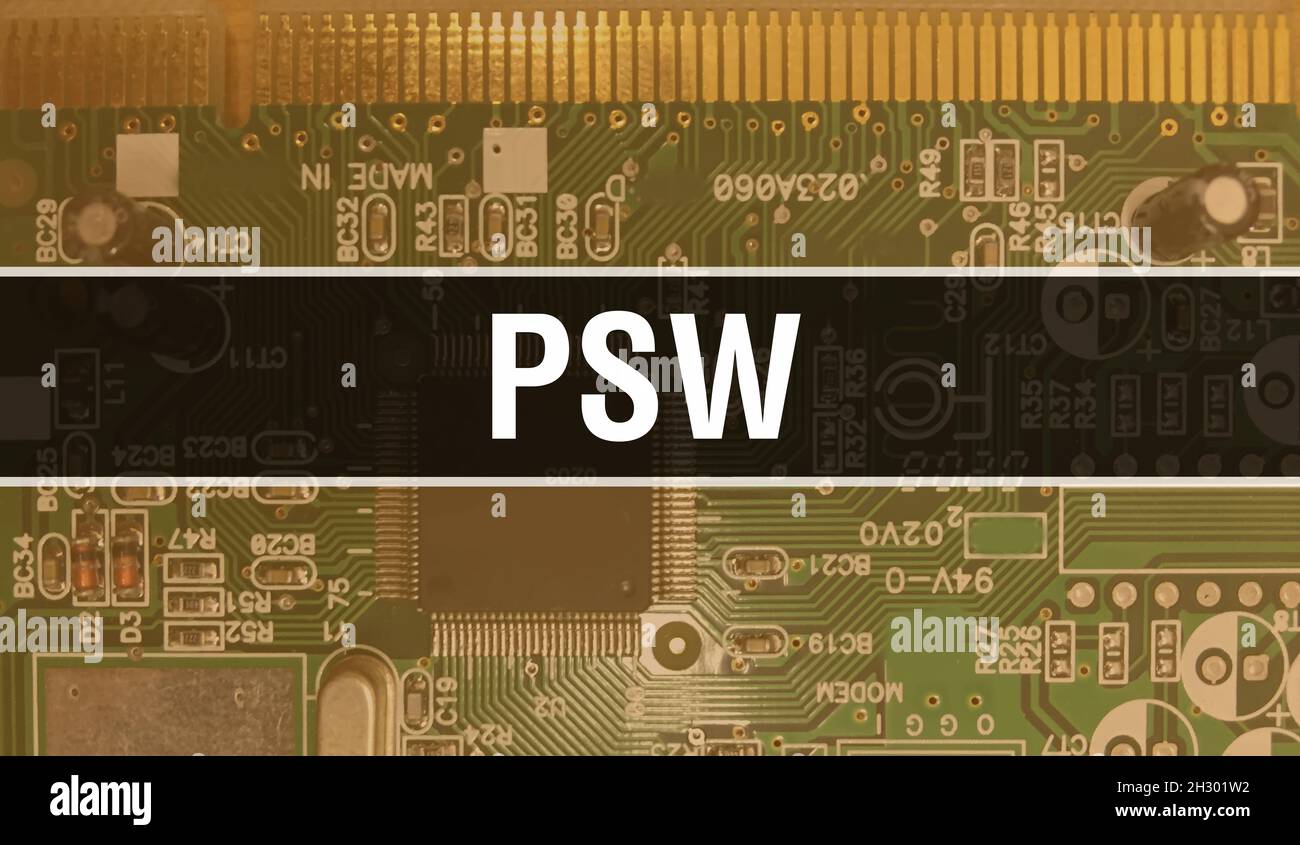 PSW concept with Computer motherboard. PSW text written on Technology