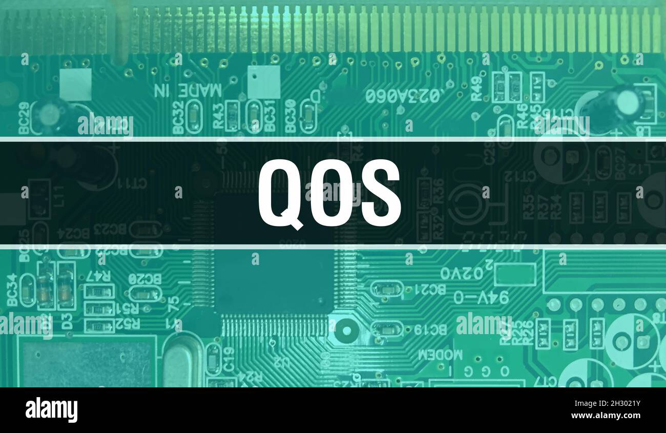 QoS concept with Computer motherboard. QoS text written on Technology
