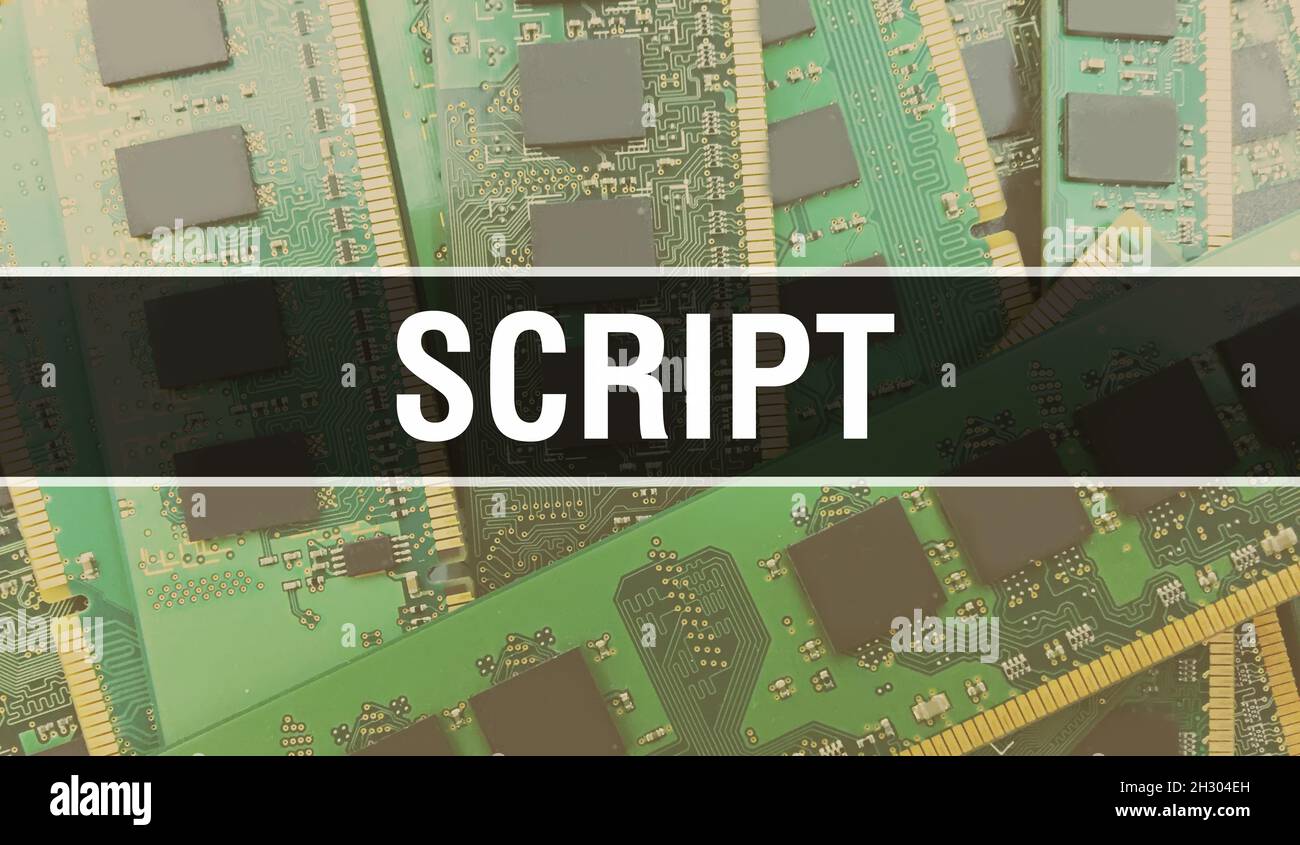 Script concept with Computer motherboard. Script text written on ...