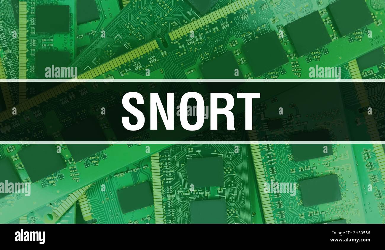 Snort concept illustration using Computer Chip in Circuit Board. Snort close up of integrated circuits board background. Snort on Electronic Computer Stock Photo
