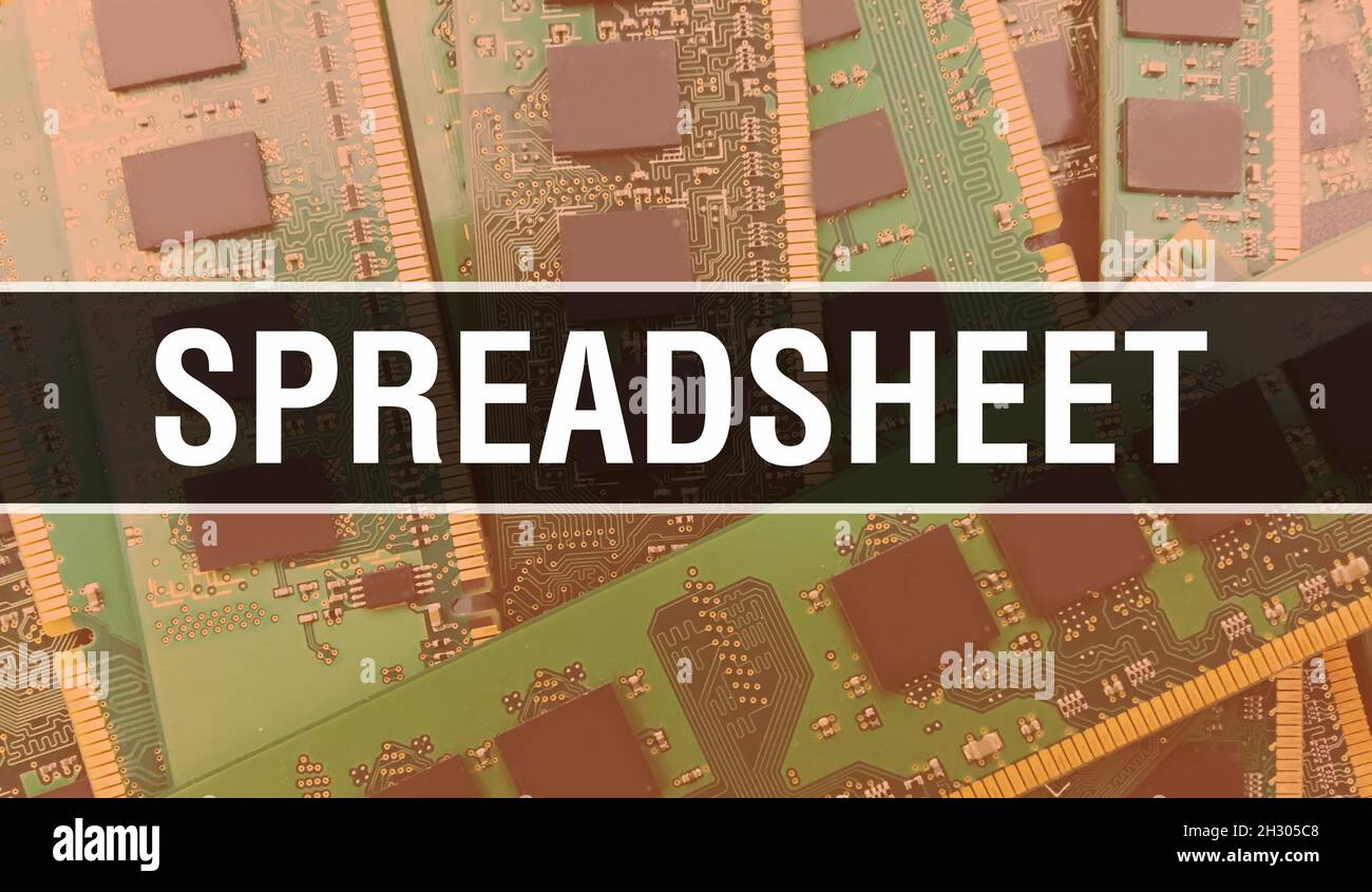 Spreadsheet concept with Computer motherboard. Spreadsheet text written