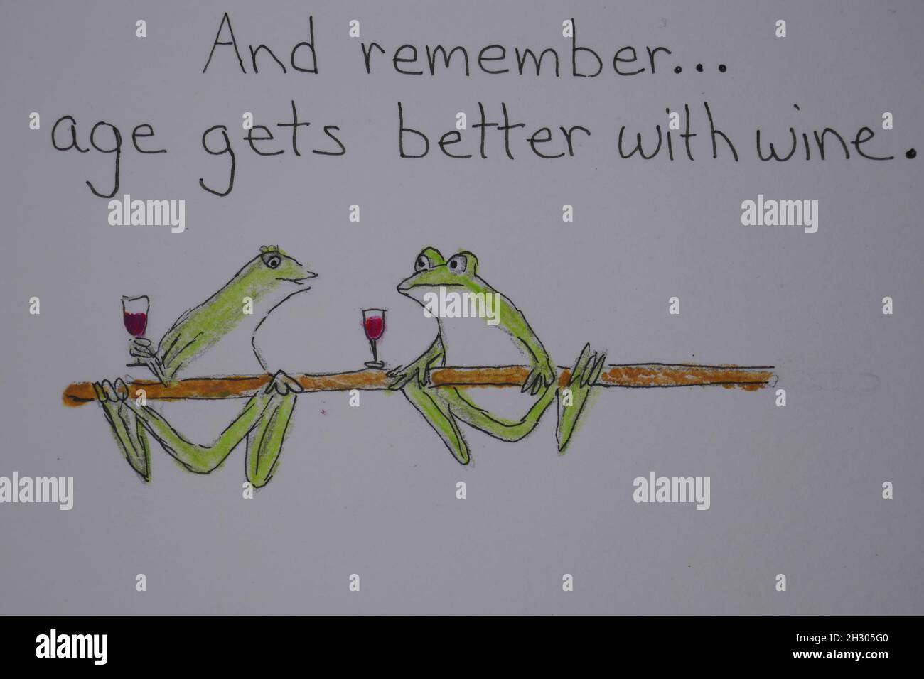 Humorous aging illustration with frogs drinking wine Stock Photo