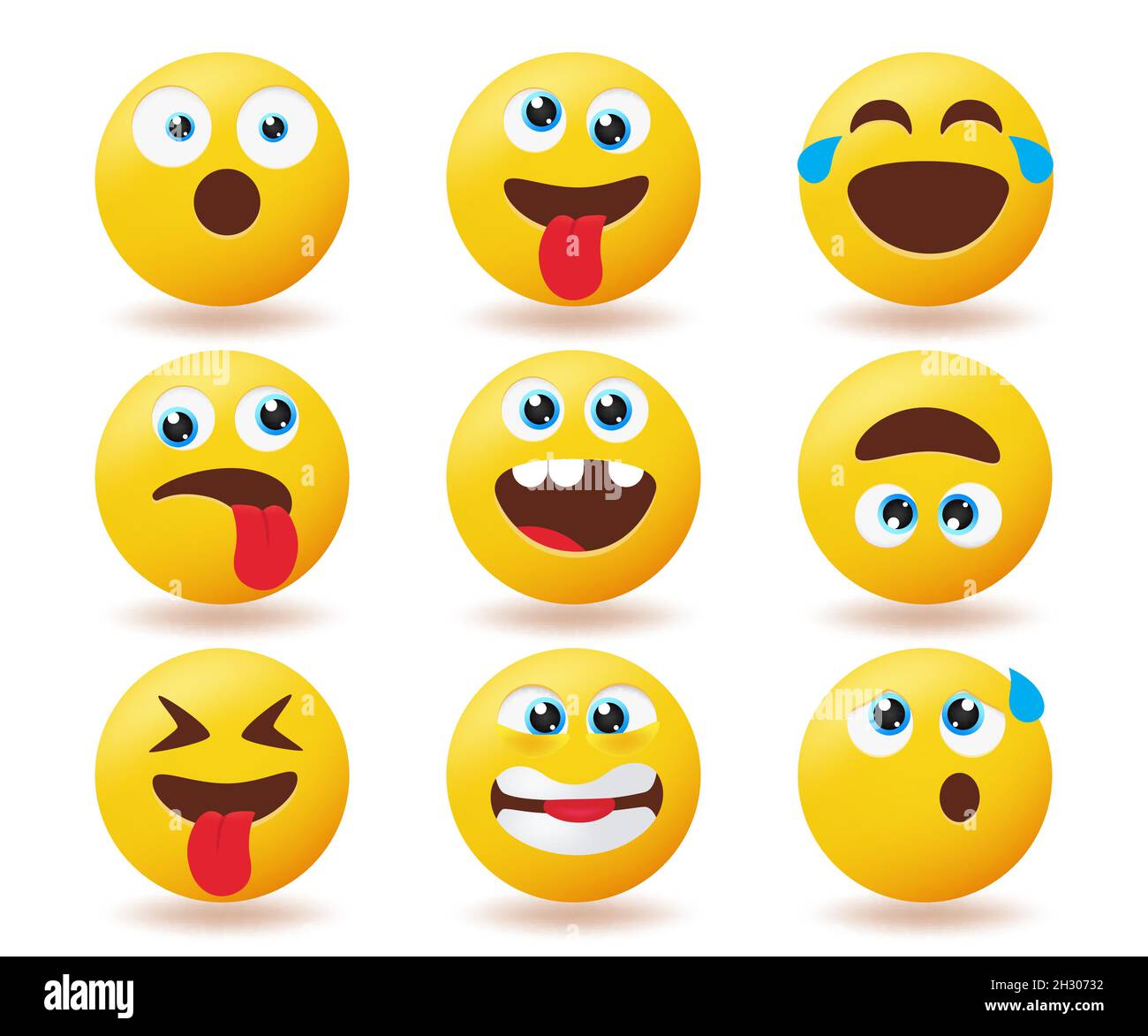 Emoji emoticons reaction vector set. Smiley icon characters with funny and weird smileys collection isolated in white background for emojis facial. Stock Vector