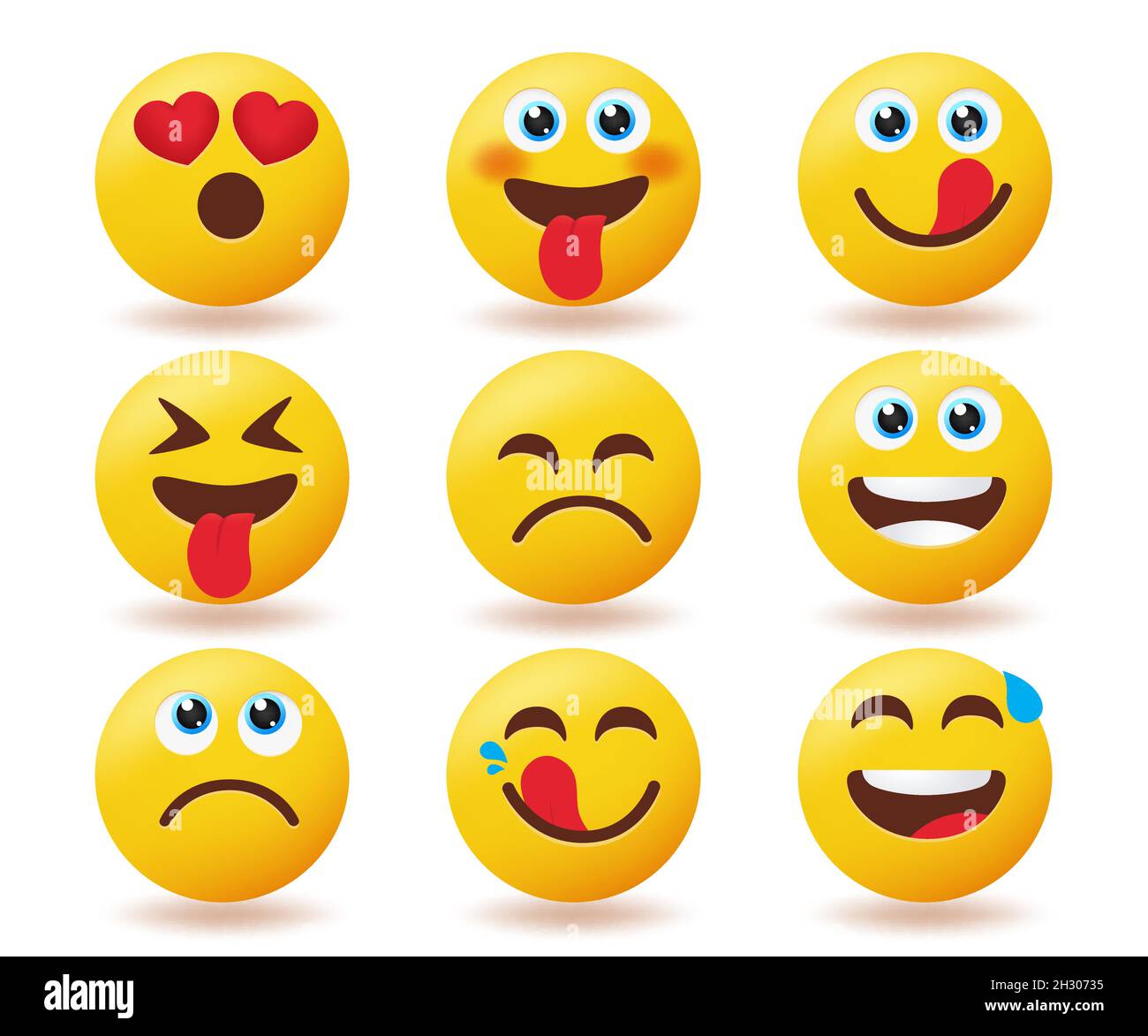 Smileys emoticon vector set. Emojis smiley icon in happy, funny and yummy face expressions isolated in white background for emoji yellow faces. Stock Vector