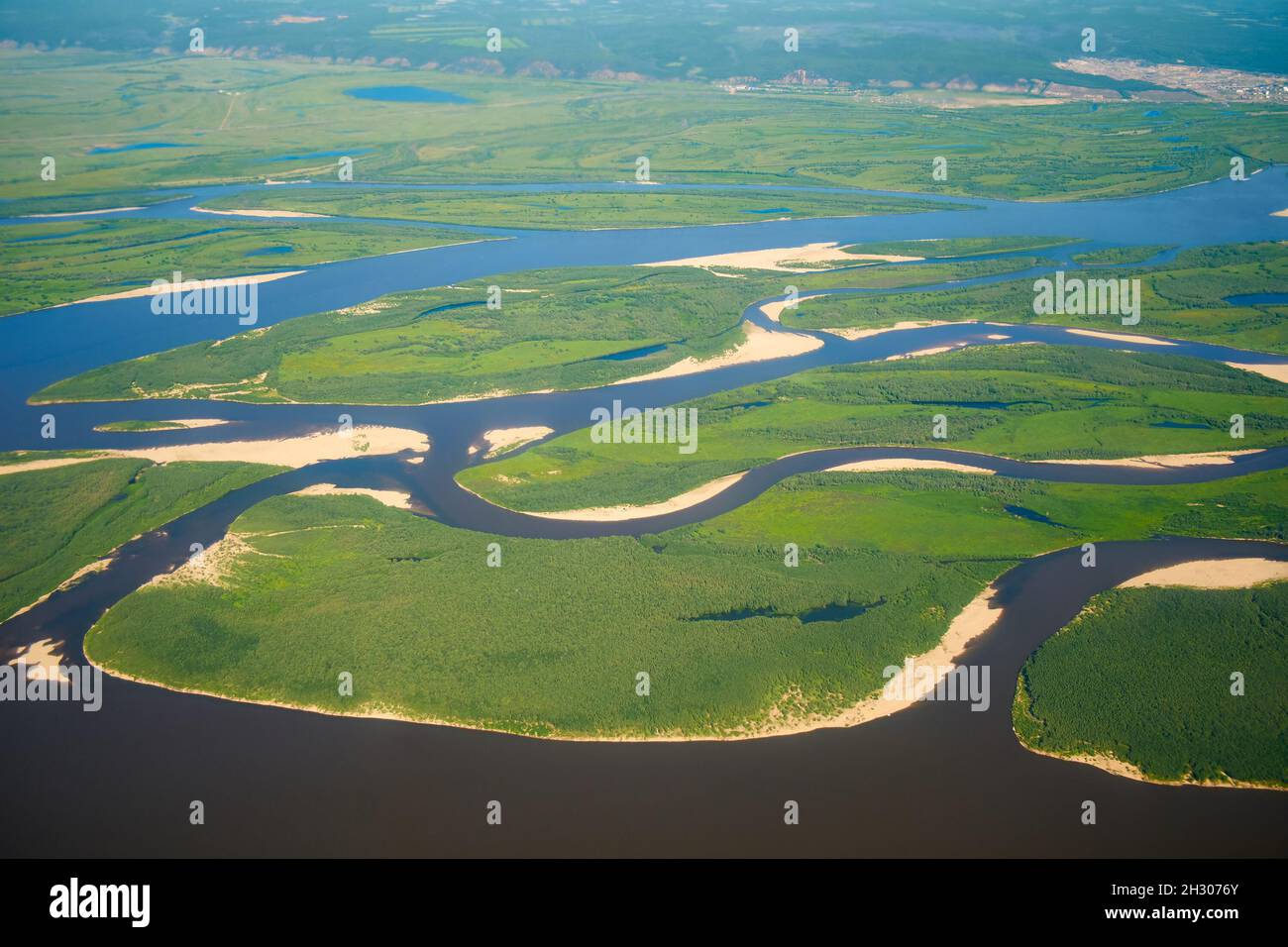 Aerial view on North Yakutia taiga and tundra landscapes from airplane ...