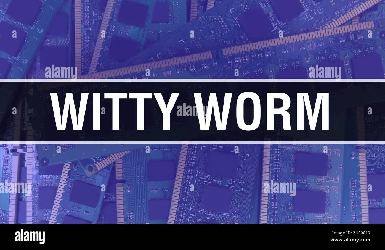 Witty Worm concept with Computer motherboard. Witty Worm text written on Technology Motherboard Digital technology background. Witty Worm with printed Stock Photo