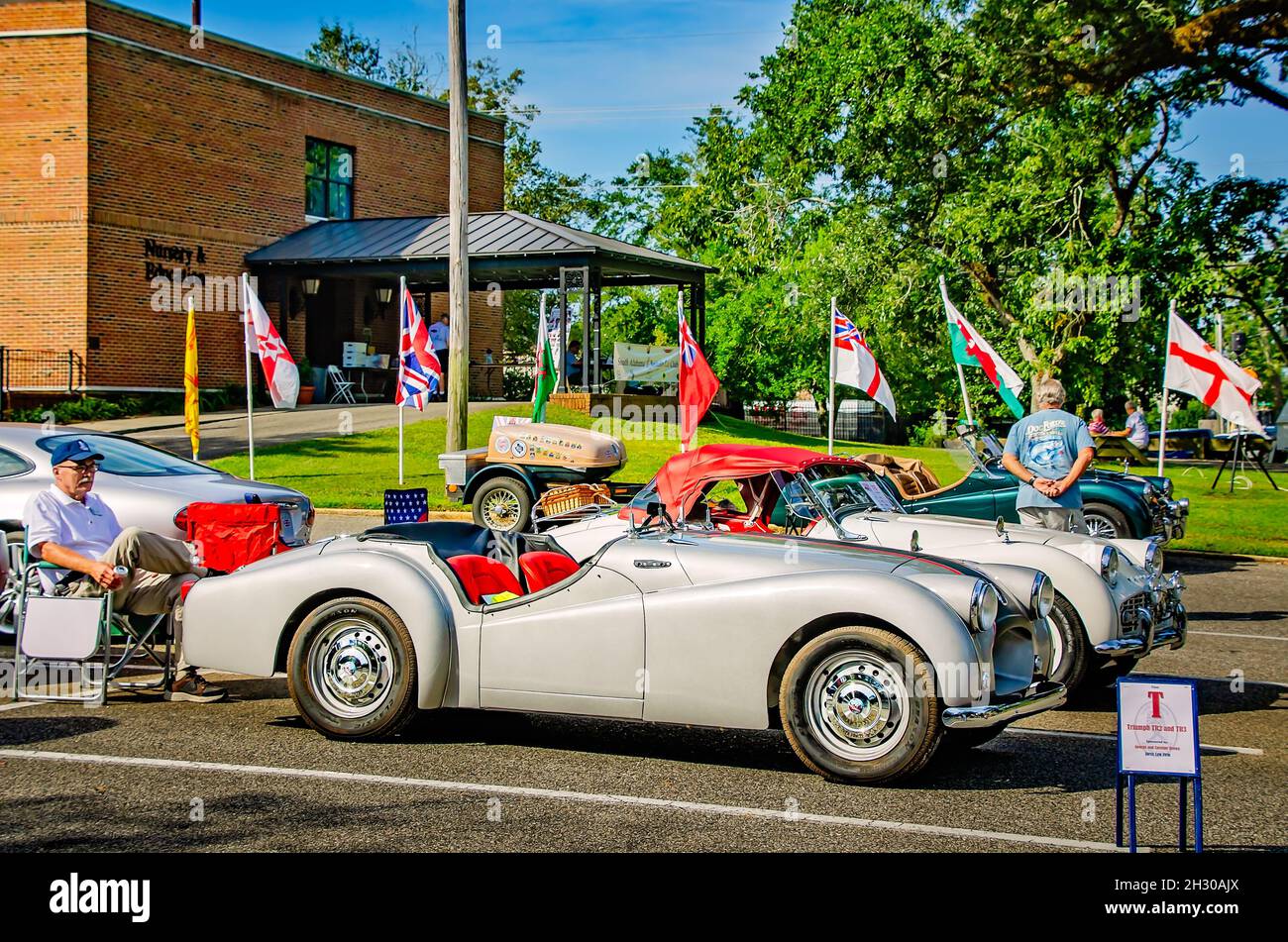 A Vintage Triumph TR2 is displayed beside a TR3 at the 31st annual British Car Festival, Oct. 24, 2021, in Fairhope, Alabama. Stock Photo