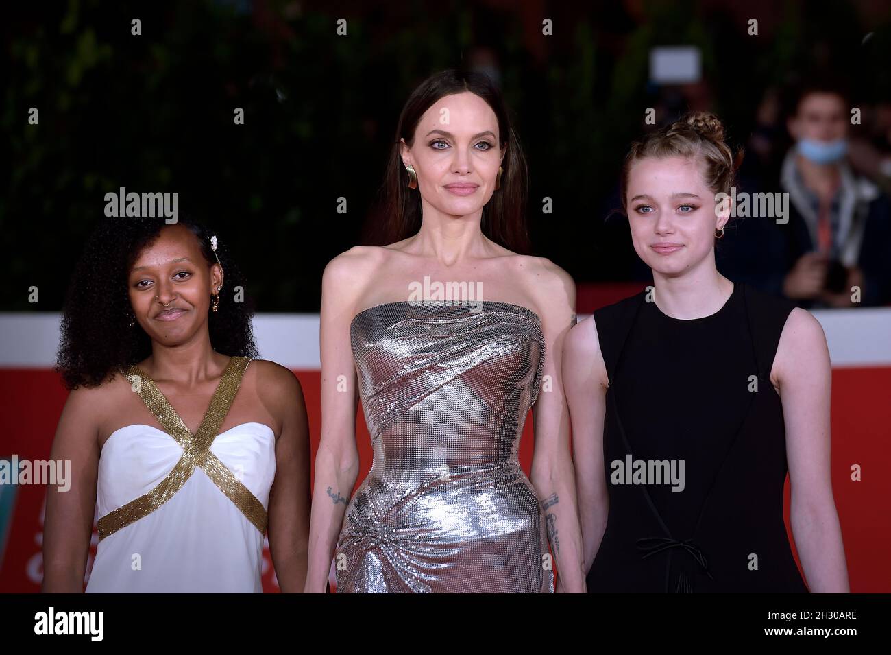 ROME, ITALY - OCTOBER 24 Zahara Marley Jolie-Pitt, Angelina Jolie ,Shiloh Jolie-Pitt,attends the red carpet of the movie 'Eternals' during the 16th Rome Film Fest 2021 on October 24, 2021 in Rome, Italy. Stock Photo