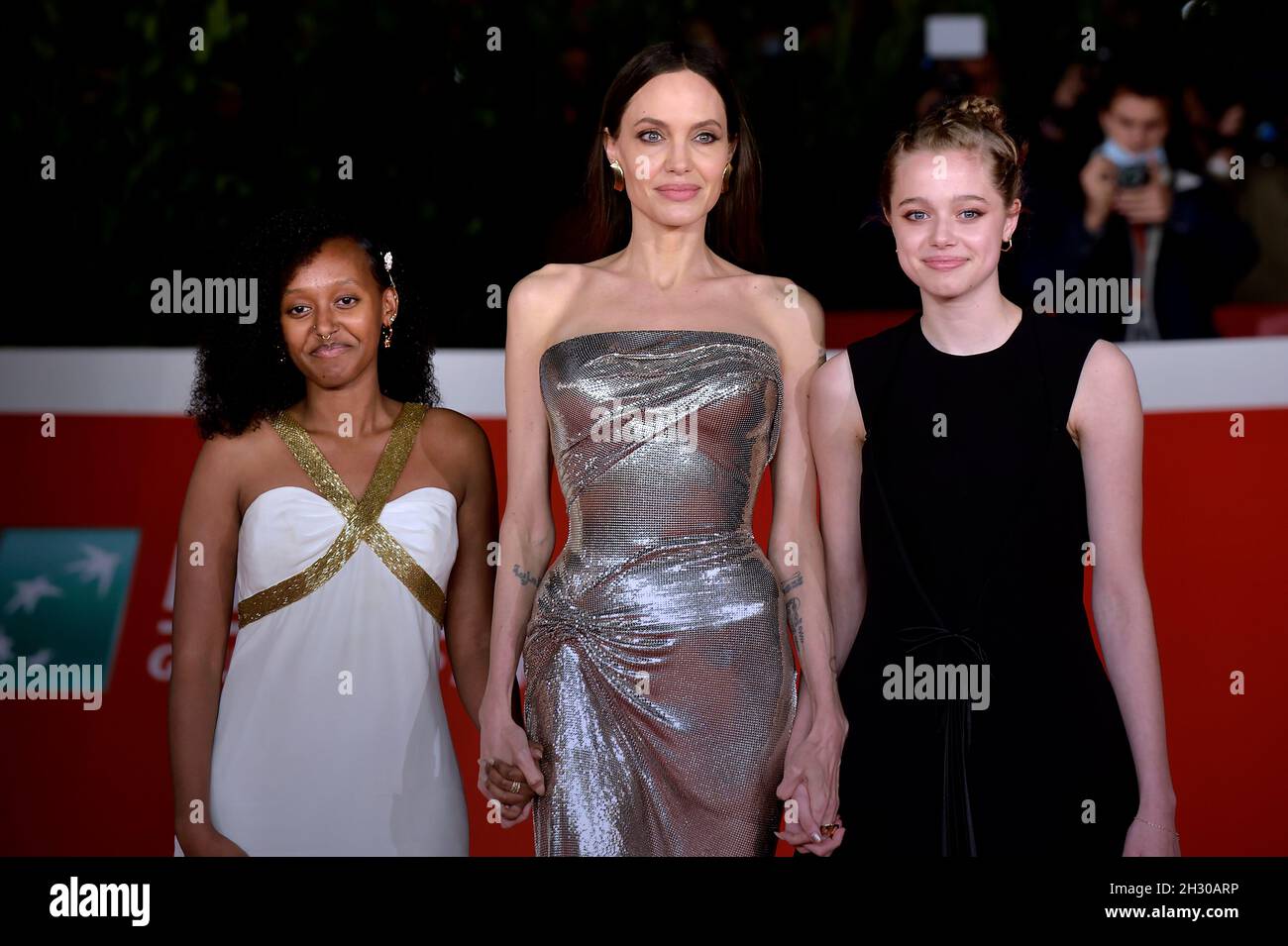 ROME, ITALY - OCTOBER 24 Zahara Marley Jolie-Pitt, Angelina Jolie ,Shiloh Jolie-Pitt,attends the red carpet of the movie 'Eternals' during the 16th Rome Film Fest 2021 on October 24, 2021 in Rome, Italy. Stock Photo