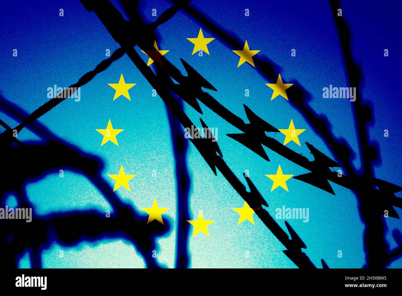 European Union flag and barbed wire Stock Photo