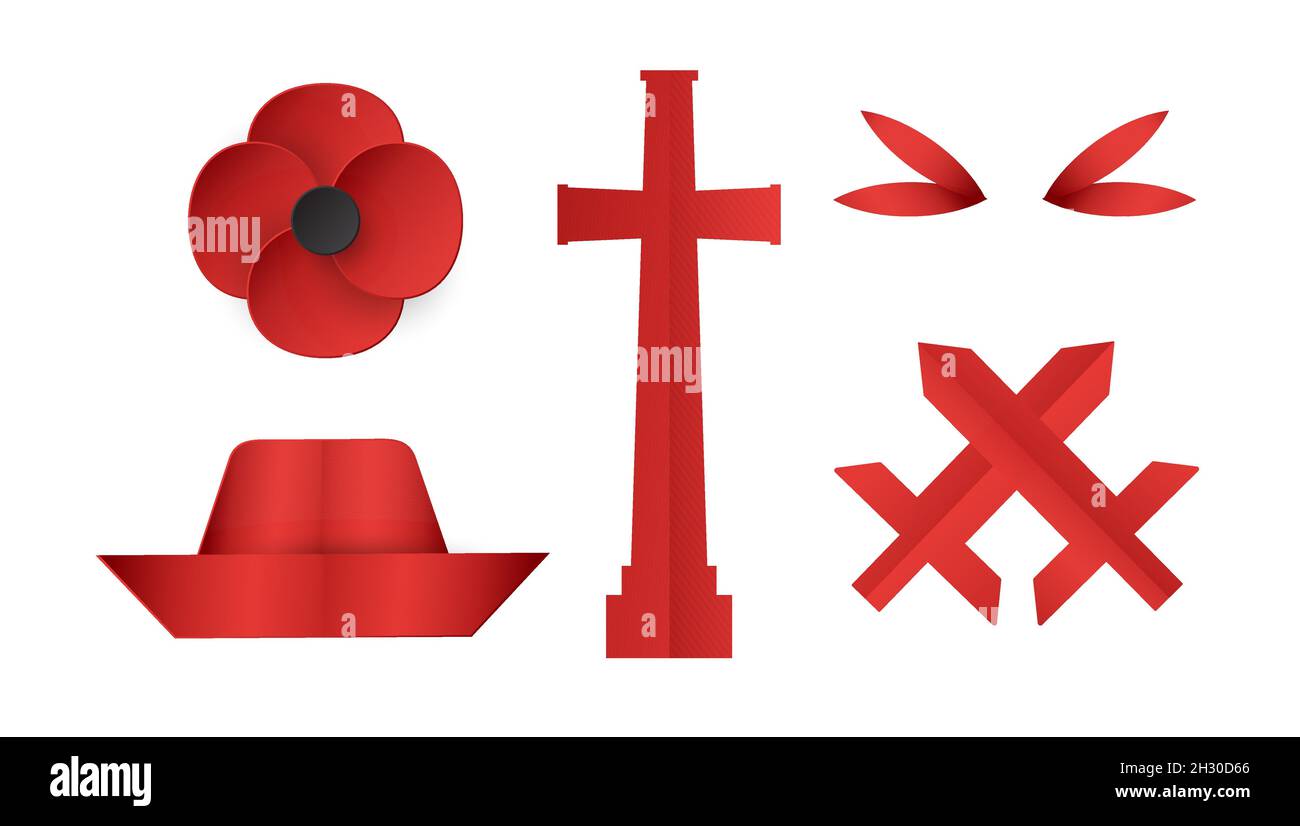 Decoration items for Anzac Day. Vector illustration in paper cut, craft style. Stock Vector