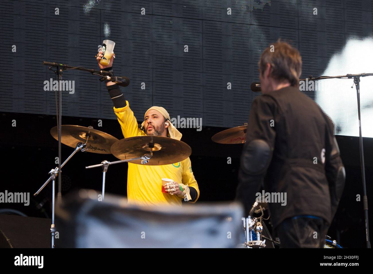 Alan Wren (Reni) of the Stone Roses performs live on stage at Finsbury