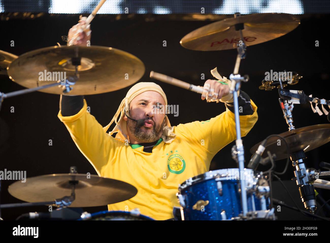 Alan Wren (Reni) of the Stone Roses performs live on stage at Finsbury