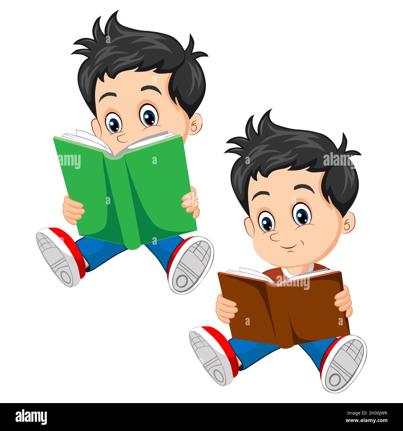 Vector illustration of Schoolboy cartoon reading a book on white Stock Photo
