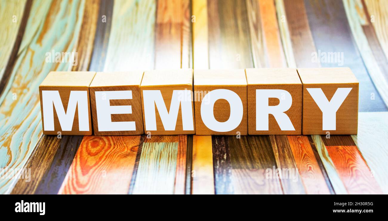 Memory word letters on wood block. message text on wooden table for backdrop design. Stock Photo