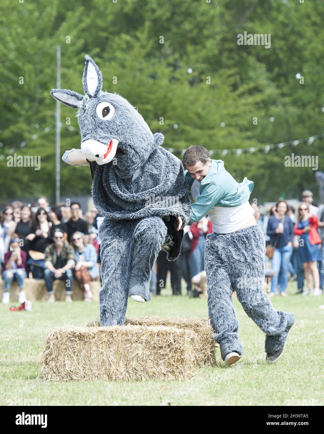 Festival goers participate in the pantomime horse race on Day 1 of