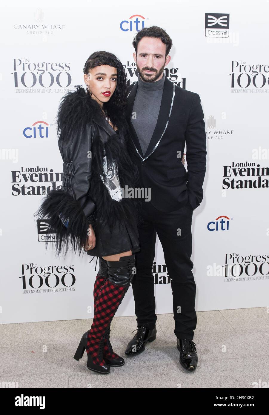 FKA Twigs and Aaron Sillis attends the London Evening Standard's launch of The Progress 1000 at Crossrail Station, Canary Wharf - London Stock Photo