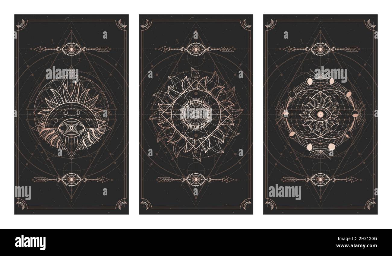 Vector set of three dark illustrations with sacred geometry symbols, grunge textures and frames. Images in black and gold colors. Stock Vector