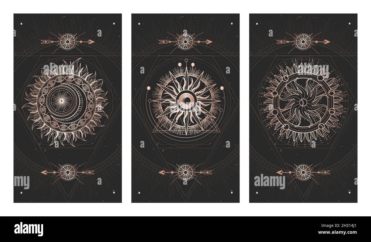 Vector set of three dark illustrations with sacred geometry symbols and grunge textures. Images in black and gold colors. Stock Vector