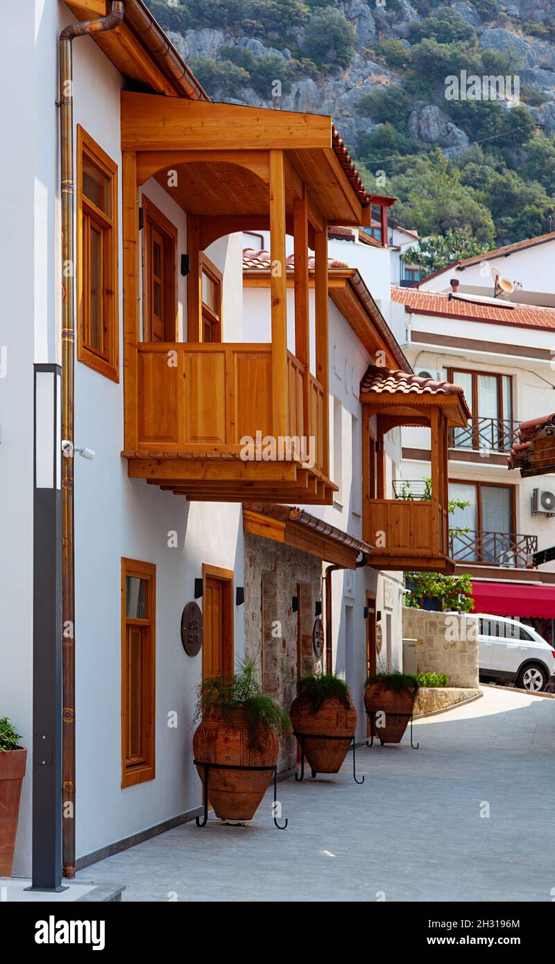 Kas, Turkey - August 5 2021: old city street with balcony Stock Photo