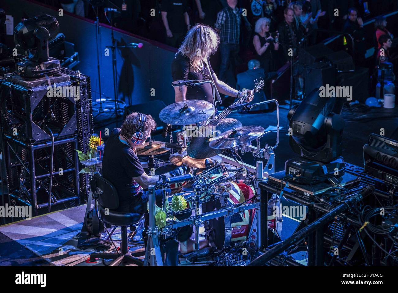 Rick Allen and Rick Savage from Def Leppard on stage during the Teenage Cancer Trust annual concert series, at the Royal Albert Hall, London. Picture date: Sunday 25th March 2018. Photo credit should read: David Jensen/EMPICS Entertainment Stock Photo