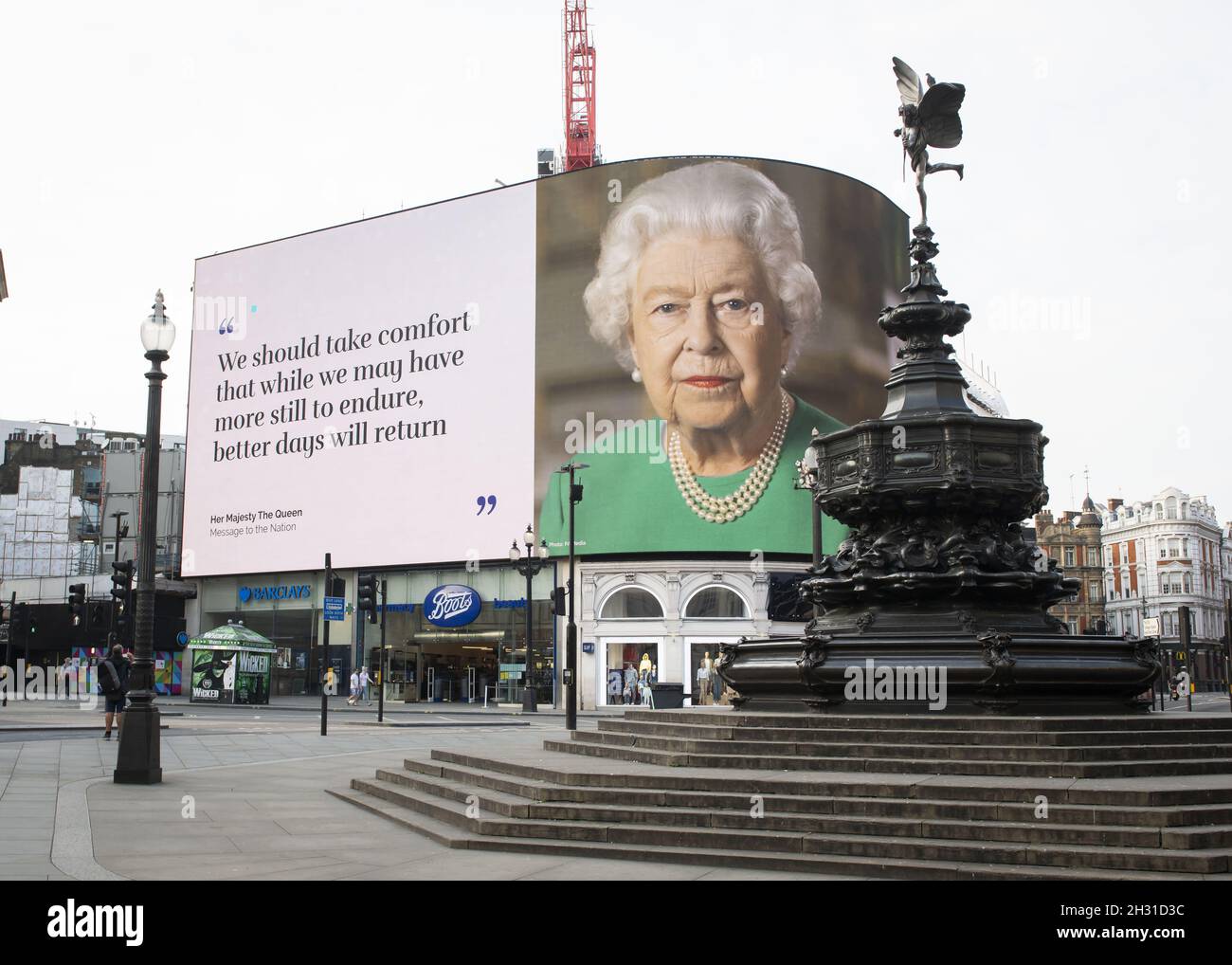 An image of Queen Elizabeth II and quotes from her Corona epidemic  broadcast to the UK and Commonwealth is displayed in Piccadilly Circus,  London. Picture date: Wednesday 8th April 2020. Photo credit should read:  David Jensen/ EMPICS Entertainment, image size:1300x1018