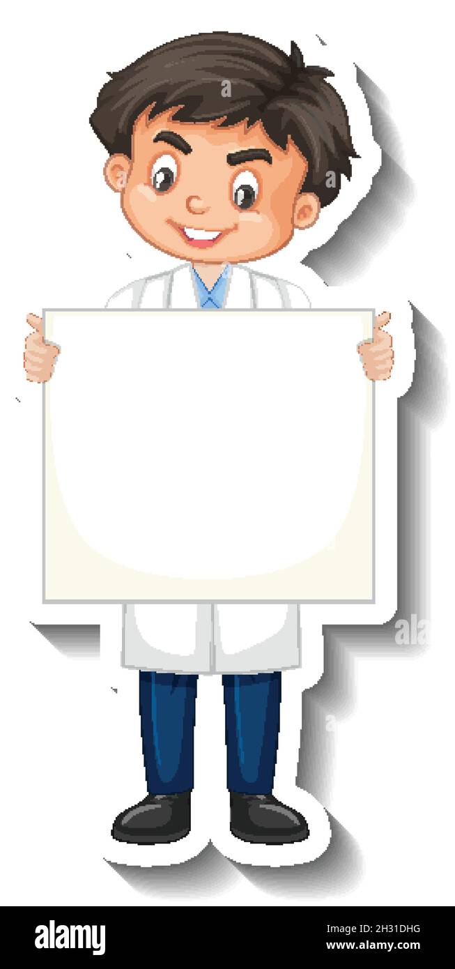 Scientist boy holding empty board cartoon character sticker ...