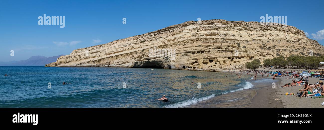 Panorama from the residential caves in Matala Stock Photo