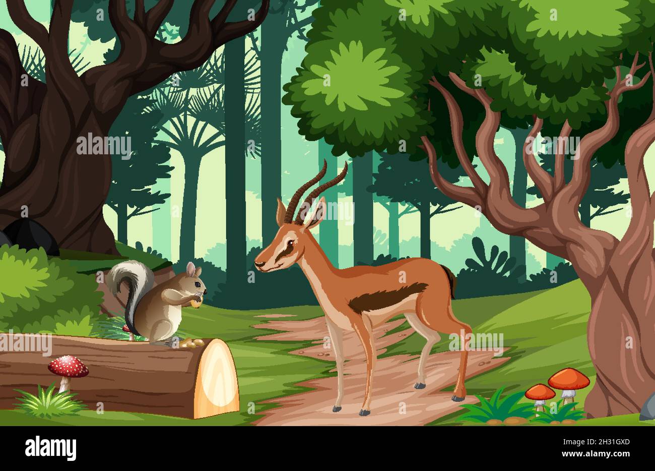 Wild animals in forest landscape background illustration Stock Vector ...