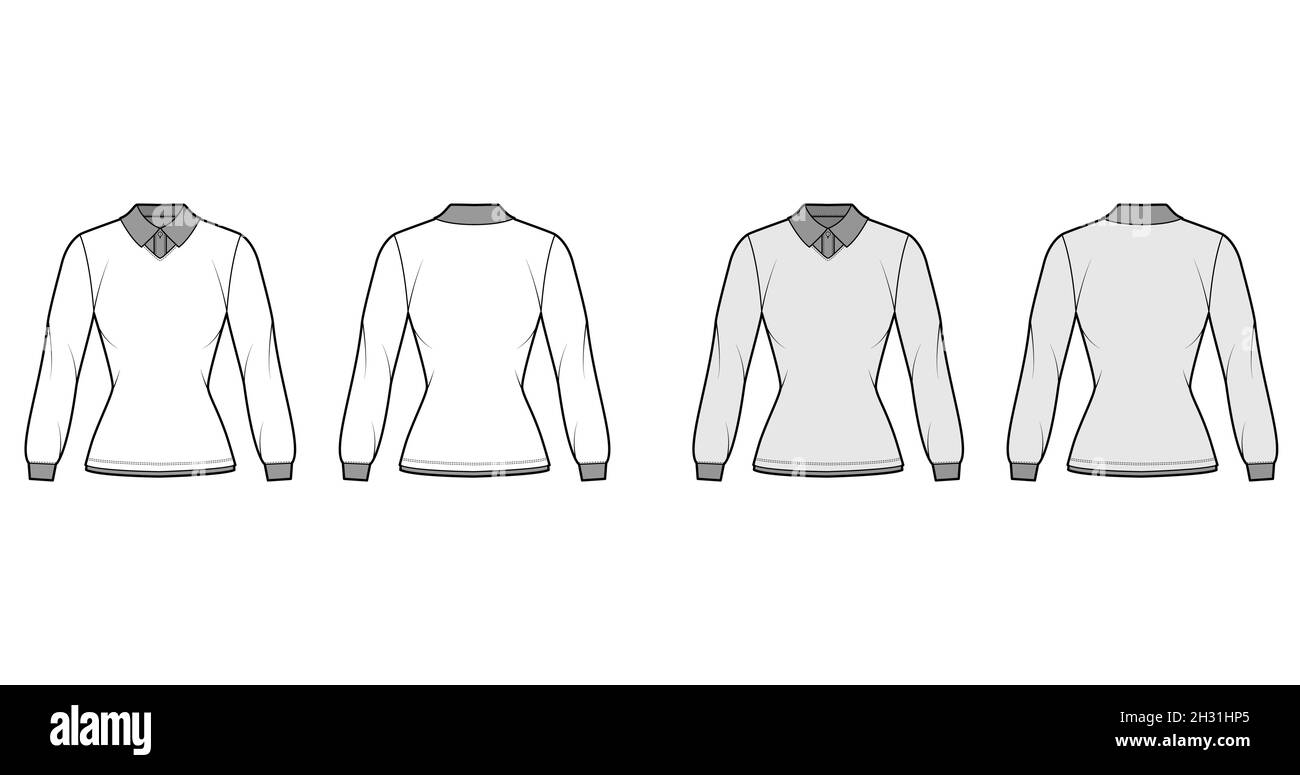 Shirt double collar technical fashion illustration with long sleeves, henley neck, fitted body, flat classic collar. Apparel top outwear template front, back, white, grey color. Women CAD mockup Stock Vector
