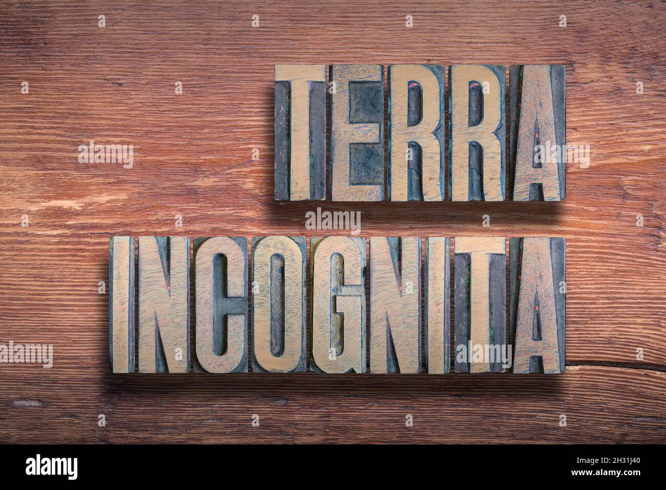 terra incognita ancient Latin saying meaning - unknown land, combined on vintage varnished wooden surface Stock Photo