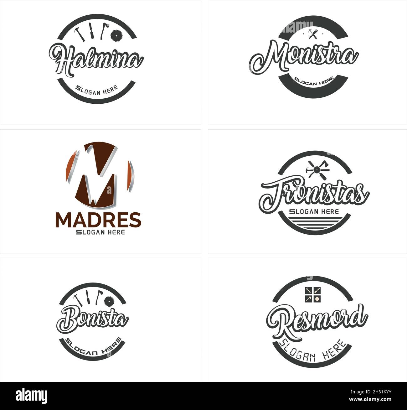 Set of emblem carpenter tools saw axe gear screwdriver icon logo design Stock Vector