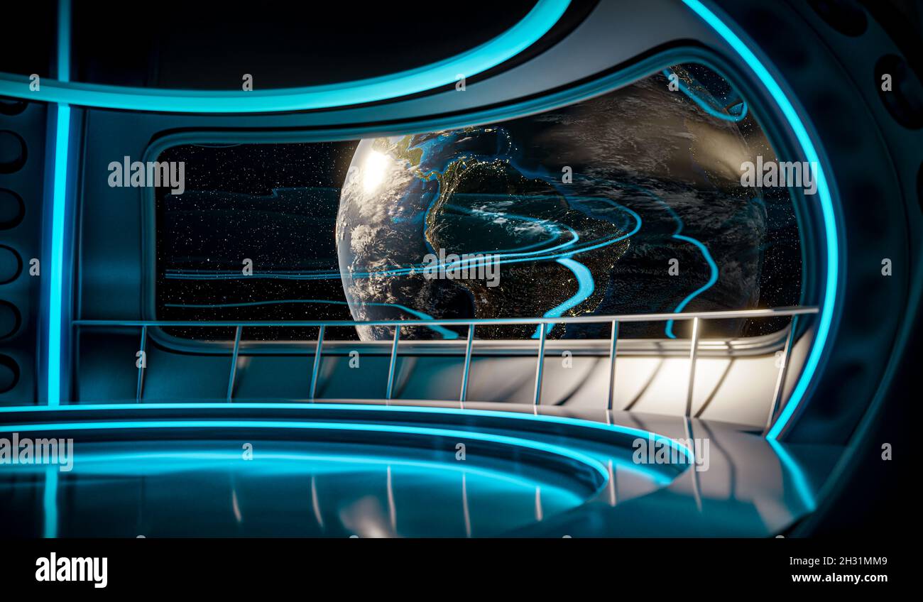 The interior of the spaceship with a view from the window to the