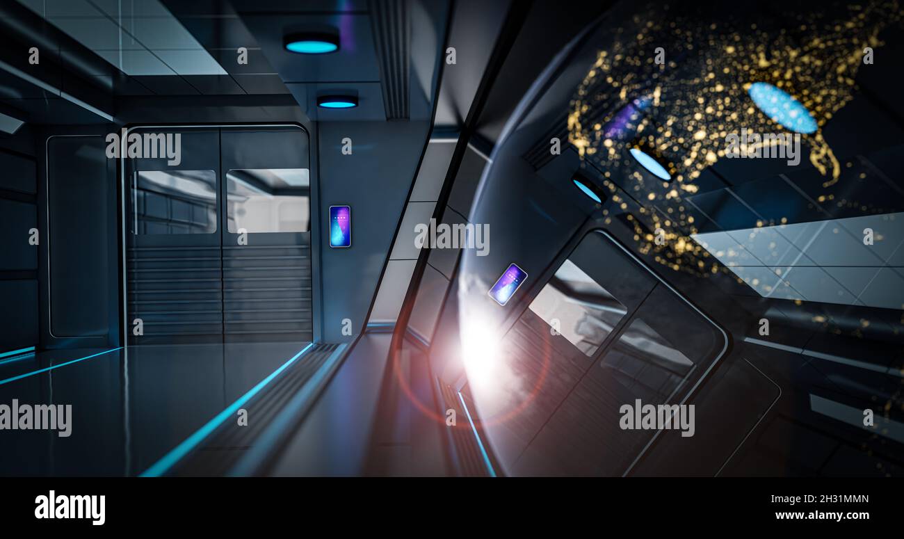 The interior of the spaceship with a view from the window to the