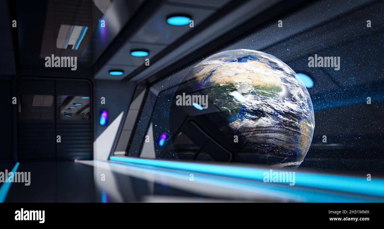 The interior of the spaceship with a view from the window to the