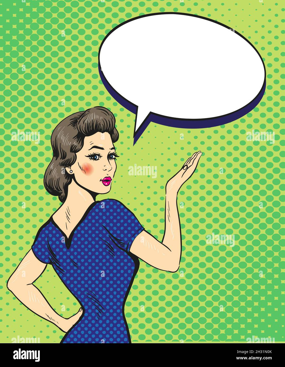 Pop art retro style woman point hand sign with speech bubble. Comic ...