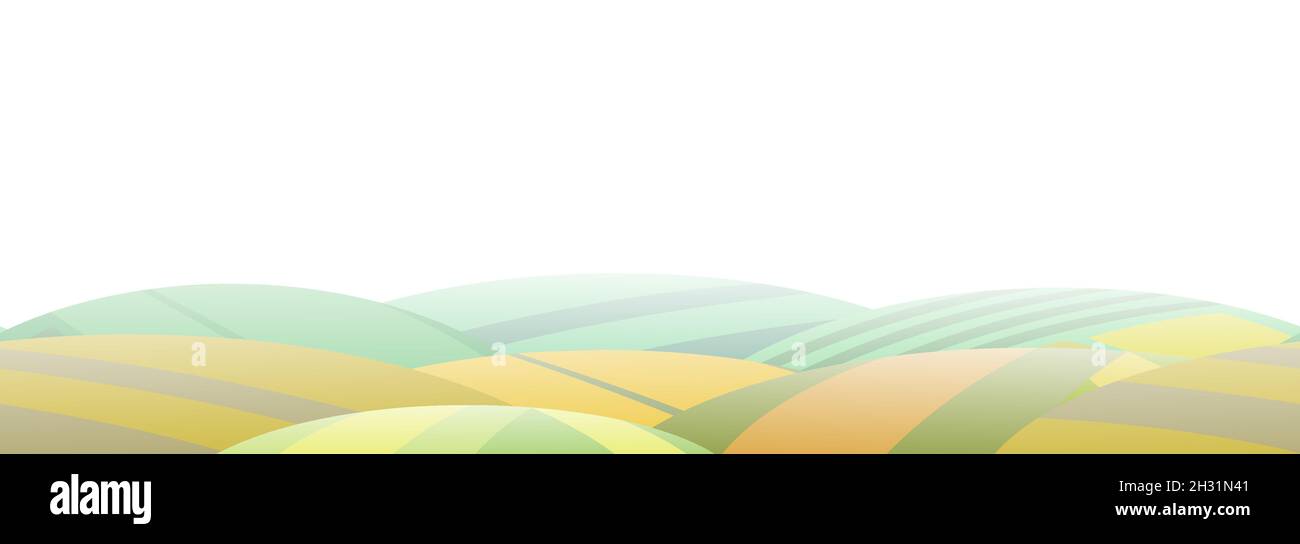 Rural landscape with garden farmer hills. Wheat fields. Cute funny cartoon design. Horizontally background seamless illustration. Flat style. Isolated Stock Vector