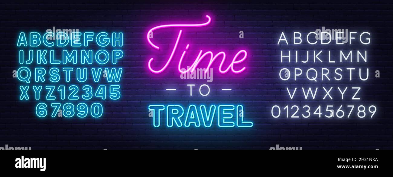 Time to travel neon lettering on brick wall background . Neon white and blue alphabet . Stock Vector