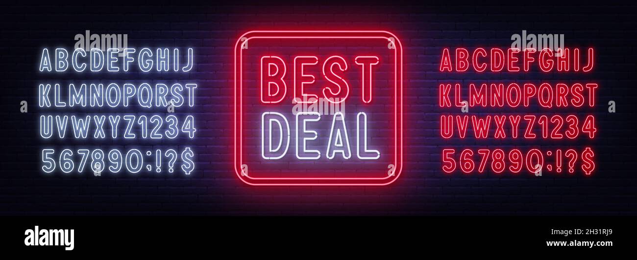 Best Deal neon sign on brick wall background. Neon red and white
