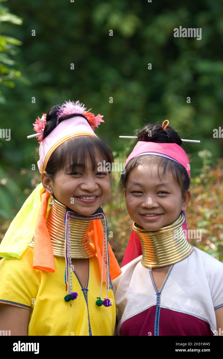 Smiling Long neck Karen Woman in Huay Pu Keng, Thailand Stock Photo