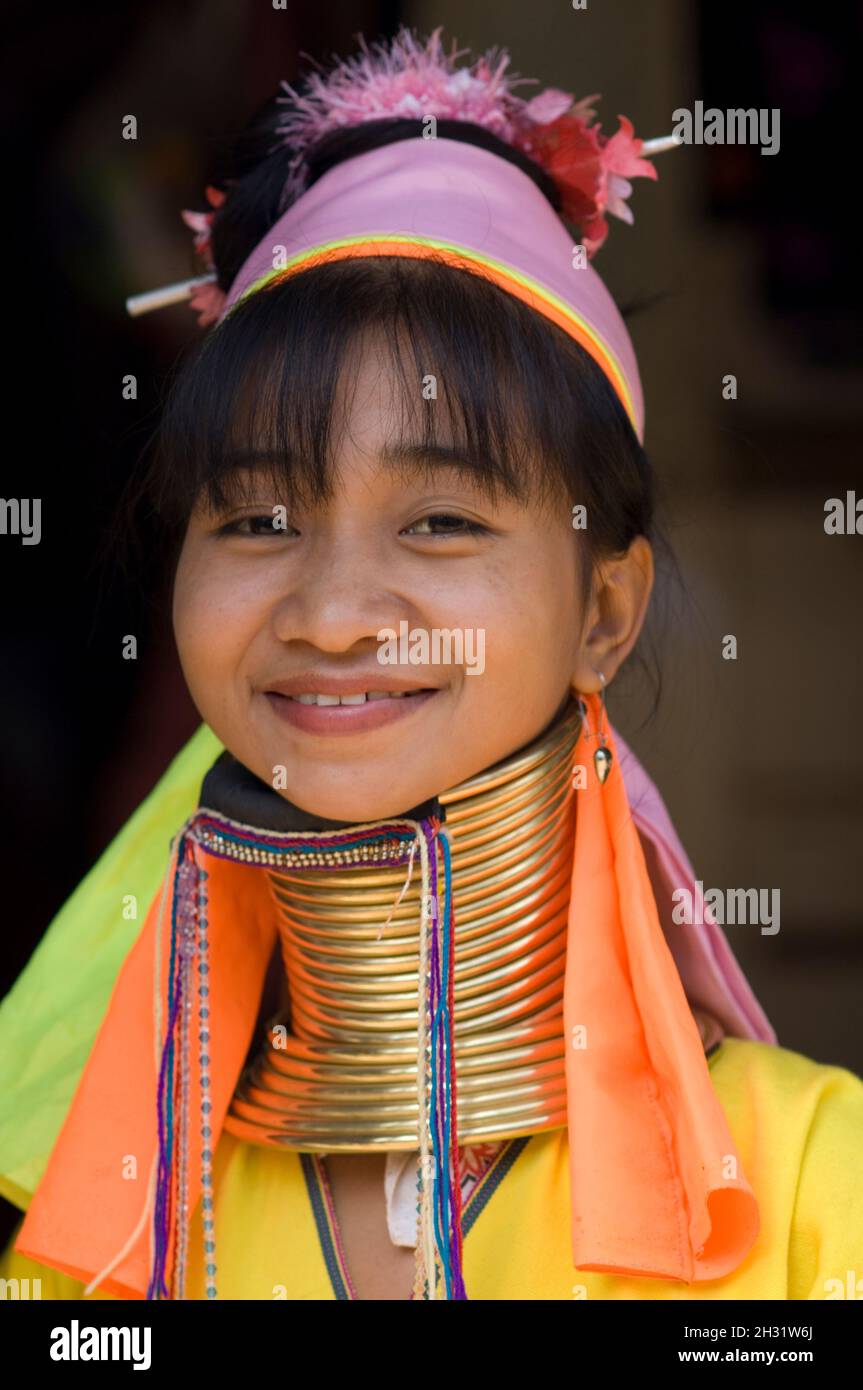 Smiling Long neck Karen Woman in Huay Pu Keng, Village, Thailand.jpg Stock Photo
