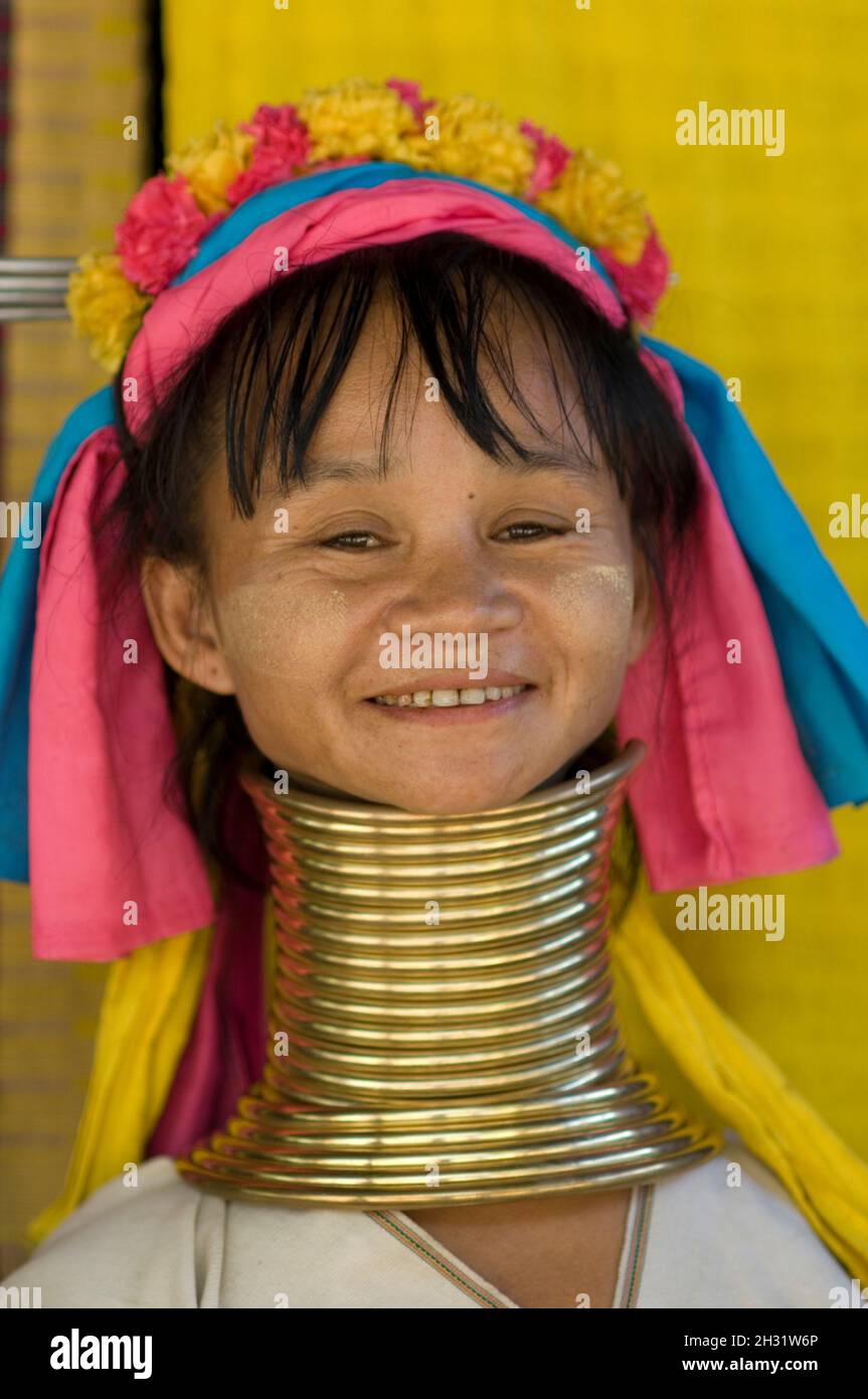 Long neck (Kayan) hill tribe woman smiling,  Thailand Stock Photo