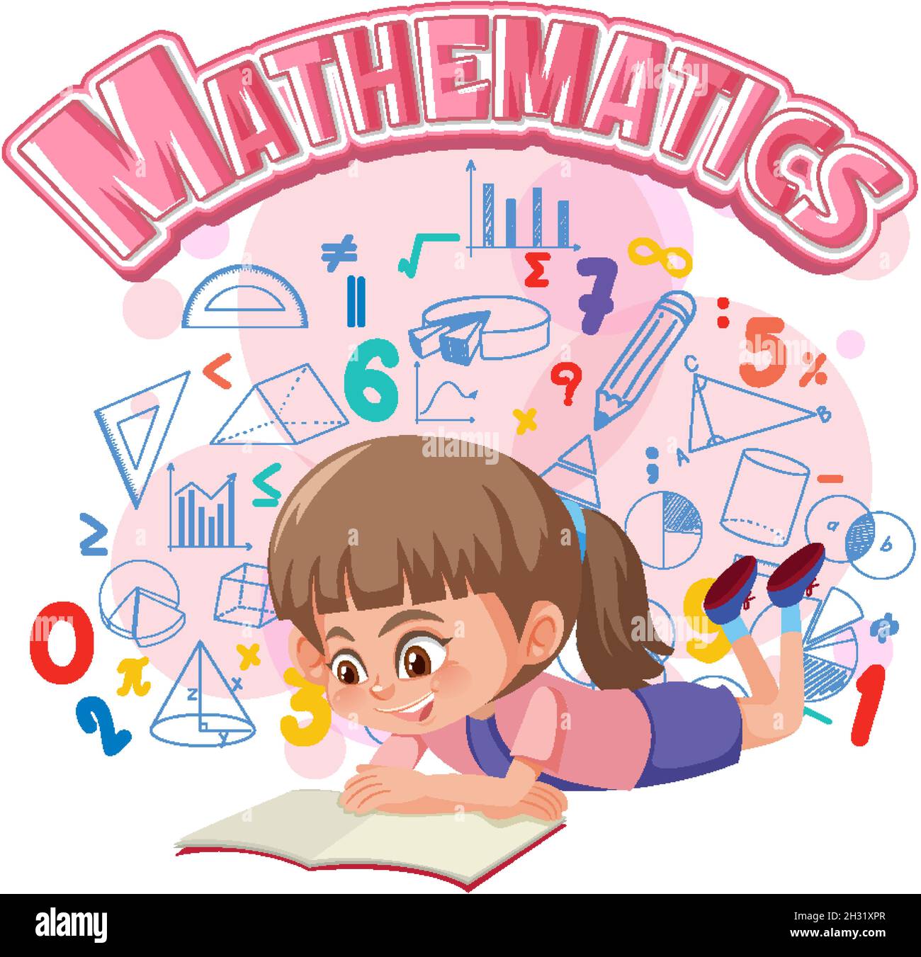 Girl learning math with math symbol and icon illustration Stock Vector