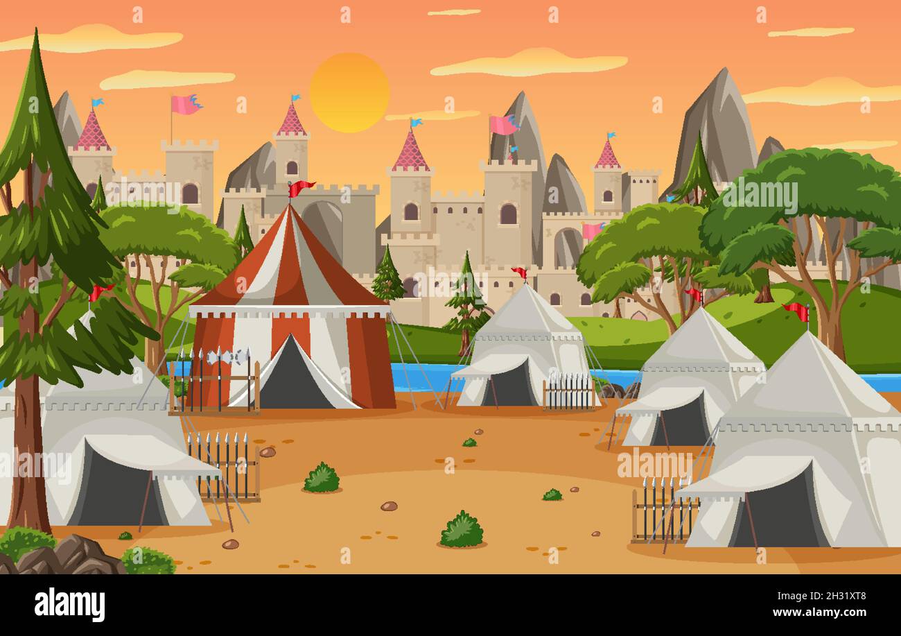 Military medieval camp with tents and warriors illustration Stock ...