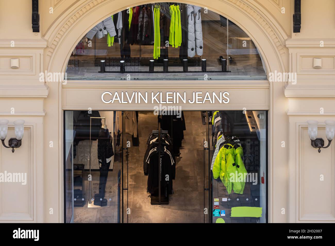 Moscow, Russia - October  14, 2021:   Window of a Calvin Klein Jeans   store. Show window of  CKJ  boutique shop in GUM department store Stock Photo
