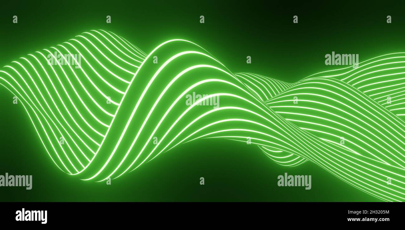 Glowing green neon 3D waveform structure with stripes, abstract ...