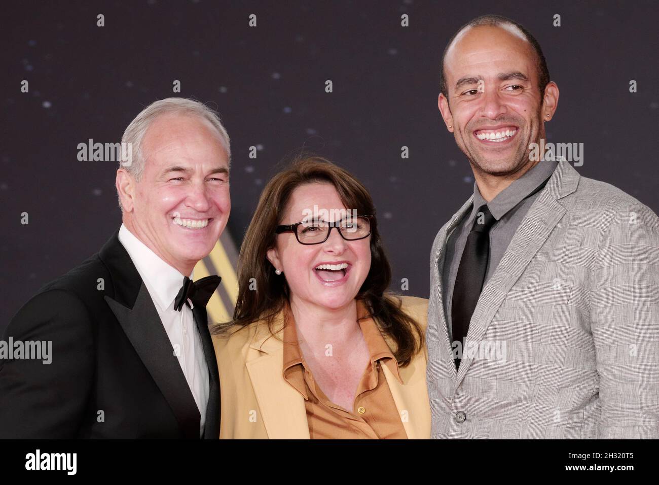 L-R-Daniel Frigo, Victoria Alonso and Nate Moore attend the red carpet of the movie 'Eternals' during the 16th Rome Film Fest 2021 on October 24, 2021 Stock Photo