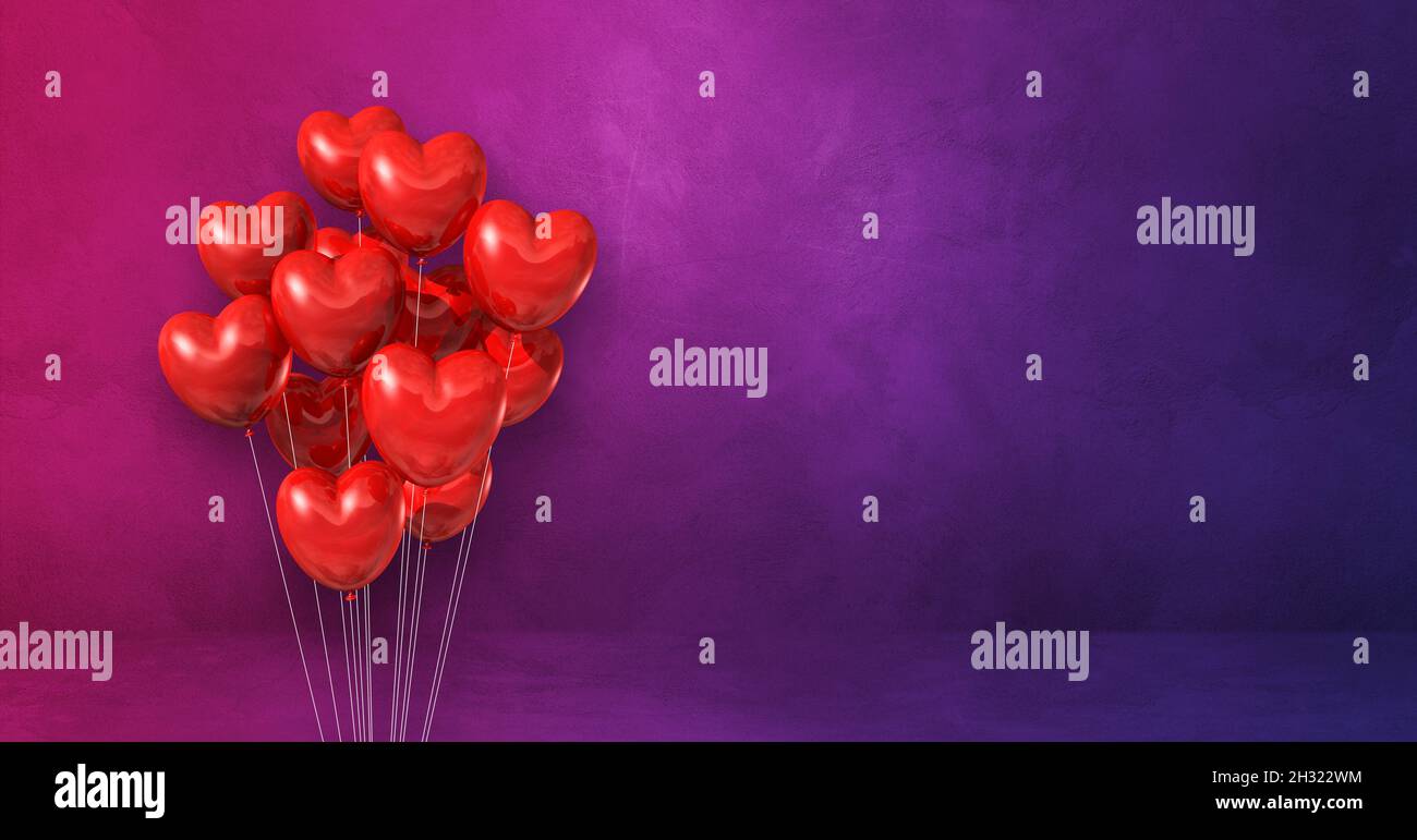 Red heart shape balloons bunch on a purple wall background. Horizontal ...