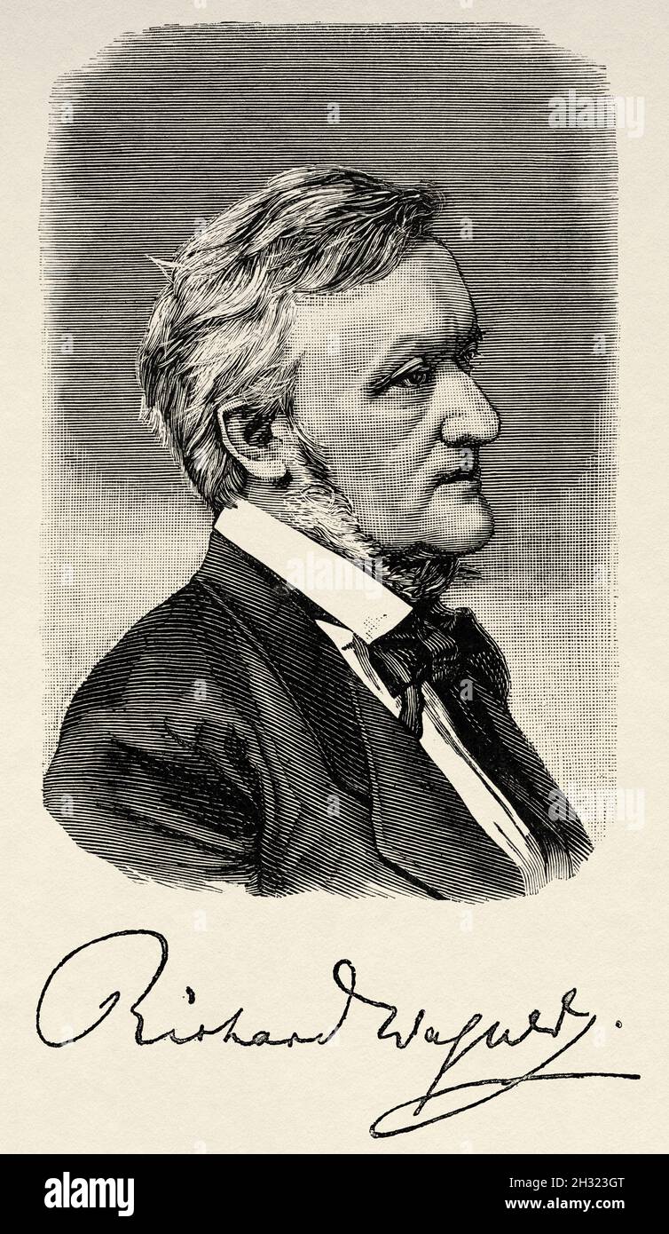 Portrait of Wilhelm Richard Wagner (1813-1883) was a German composer, theatre director, polemicist, and conductor who is chiefly known for his operas. Old 19th century engraved illustration from La Ilustración Artística 1882 Stock Photo